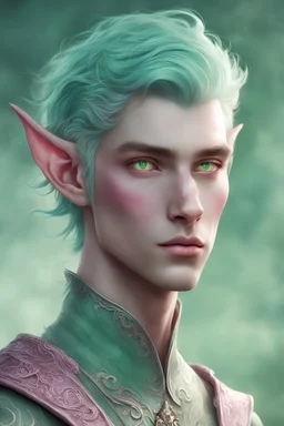 mint hair, pink eyes, pale, green background, fog, elf, fantasy, male, soft facial features