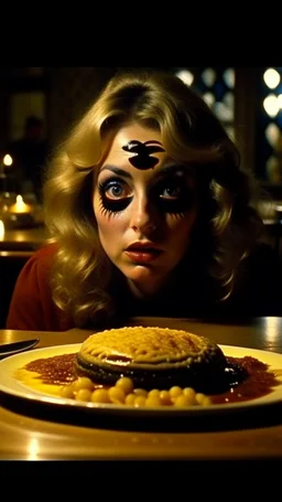 Spooky, ultra realistic distress, dining, ultra realistic hot woman, nose, giant eye on a table, organic hot bondes, dynamic, anguish, excited and lively scene, hypermaximalist figures, Creepy the Ring Alfred Hitchcock, Sam Raimi, insanely detailed, sinister, John Carpenter, Dario Argento, ornate