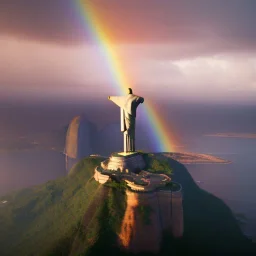 Christ the Redeemer, sunset, rainbow sunset, waterfall, palms, spring, sunset rainbow, flying birds, unreal engine 5, cinematic lighting, realistic, hyper detailed, 8k, octane render, cinema 4d