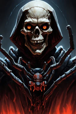 Death warmed over is a half flesh half machine version of the grim reapler with 8 spider like eyes and a central eye to see everying else.