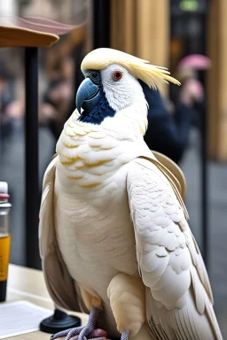 One single mature rich cockatoo with expensive clothes, sitting in a café on the street, Vienna, laughing, colour, model style, hyper realistic, extremely accurate, delicate, extremely detailed, Graphic novel style, wide-angle, open aperture, superfine pencil