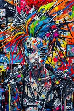 Ultra detailed medium portrait painting of chaos showing anxiety , no air, tight, torn up punk poster, broken circuitry background, matrix effects, punk visual art, punk art aesthetic, graffiti art, pop surrealism, collage art, cluttered paint glitches