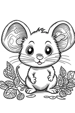 cute coloring page, sketch style, cute baby mouse in the wood, cute cartoon, white and black, withe background, no shadows, outline.