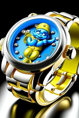 "Create an image of a Smurf Watch that's a collector's dream, with a metallic gold case and an intricately engraved band, showcasing Smurfette in her most elegant attire."