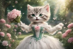 an anthropomorphic, kitten bride happily throwing a bouquet in a beautiful garden. The kitten has fluffy fur in shades of light brown and grey with distinct tabby markings on its face. Its large, expressive eyes are a deep emerald green and it has a small, pink nose. The kitten is wearing embroidered white lace bride dress, tulle, gemstones, pearls, adorning the hem and bodice. Behind her, a celebrating crowd, cats and people dressed in elegant clothes, wedding food and cake on the tables. Behin