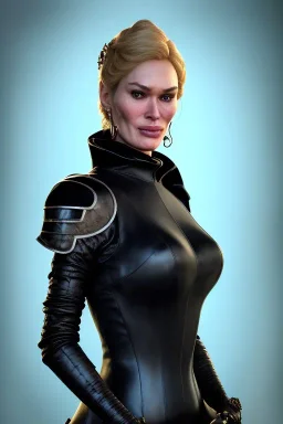 Cersei Lannister as evil mistress in black leather in a dungeon, dominatrix, busty, cleavage, curvy, lena headay, angry, stern look. character design by cory loftis, fenghua zhong, ryohei hase, ismail inceoglu and ruan jia. unreal engine 5, artistic lighting, highly detailed, photorealistic, fantasy