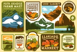 Stickers for a lakeside farmers' market "Good Spirit Market" in a national parks sticker style