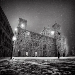 A very dark square in Florence. Stormy night. Snow is covering the pavement. A cathedral in the background. A lonely cat on the street. Unreal Engine. HDR.