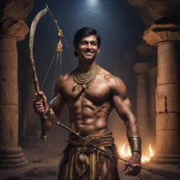 Hyper Realistic shirtless muscular handsome short black hair Indian King smiling & holding bow & arrow in dark catacombs with traditional pillars at night