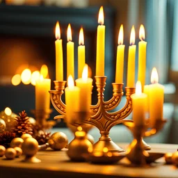 realistic close-up photo of a Jewish menorah with burning candles on a table next to Hanukkah decorations, against the backdrop of a cozy festive interior