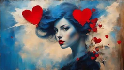 old painting, torn edges, blue, WOMAN, love, red heart, light, flower, double exposure, abstract surreal portrait, oil painting in impressionism, large strokes, airbrush effect, textured painting, antique style, vintage, semi-abstract, semi-realistic, surreal .