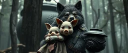 bad hairy chest wolf carrying a lovely scared wtf are you up to, Korean pig girl with dress under his arms, big cauldron in the background in the style of fallout 4, in black forest