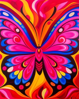 A pink magic elemental butterfly designed in Mexican folk art painted by Alexej von Jawlensky