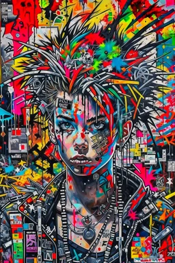 Ultra detailed medium portrait painting of chaos showing anxiety , no air, tight, torn up punk poster, broken circuitry background, matrix effects, punk visual art, punk art aesthetic, graffiti art, pop surrealism, collage art, cluttered paint glitches