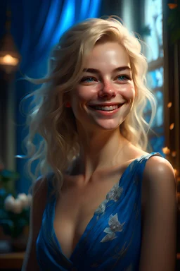 Stunningly gorgeous smiling woman wearing a loose fitting revealing floral sleeveless dress, wavy blonde Highlighted hair, blue eyes, flawless face, beautiful d&d character portrait, dark fantasy, detailed, realistic face, digital portrait, intricate details, fiverr dnd character, wlop, stanley artgerm lau, ilya kuvshinov, artstation, hd, octane render, in the style of artgerm and rutkowski, glowing fairy flowers, , beautiful landscape, realistic and natural, detailed full-color, nature, hd phot