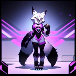 a fox fursona, darker colors, master quality, backlighting, soft lights, full body portrait, in frame, 8k, furry, fur, black and purple color pallet, robotic arm, cyberpunk, anthropomorphic, perfectly drawn face, animal legs, paws