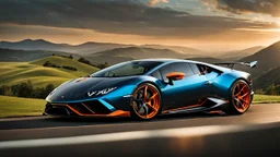 A (((Lamborghini Huracan STO hypercar Body))) with its sleek,, featuring a bold, menacing grille and powerful lines, evoking a harmonious balance between sophistication and muscle, against a backdrop of verdant hills at noon, ideal for a dynamic desktop wallpaper