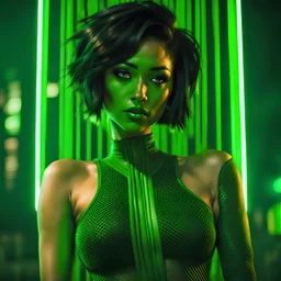 Mysterious youthful overconfident alluring arrogant Navajo female cyberpunk spy, short hair, smiling through the pain, green fishnet, green fishnet sleeves, green bodysuit, cyberpunk style, video game character