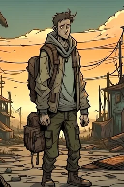 a young man with a light jacket around the waist and messenger bag he carries around with a strap, front view, post apocalyptic scenery, cartoony style