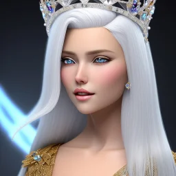 Ice Princess with white hair smilling, a crown with precious stones, bright background