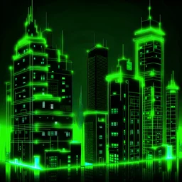Create a neon buildings with night cityscapes backgrounds in green colors.