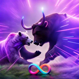 brightly coloured 3D infinity symbol ∞, bull with horns on right beating a bear on left in a fight, DSLR with a 80mm lens, set to f/16 and a slow shutter speed of 1/15s, striking, neon, vibrant, chiaroscuro, dramatic, captivating, high-tech, powerful, fantasy, beautiful, octane render, 16k post-production, artstation: award-winning: atmospheric: commanding: fantastical: clarity: ultra quality: striking: brilliance: stunning colors: amazing depth; lens: f/11, 35mm