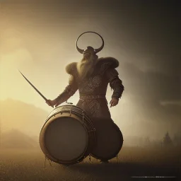 A viking playing on a drum, scary, steam punk, realistic, made in octane, cinematic, ultra-realistic, extremely detailed octane rendering, 8K, VRAY Super Real ar 2:3, dof photorealistic futuristic 50mm lens hard lighting dark gray tintype photograph, realistic lighting, sepia color