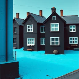 Fotografia di strada assurda e falsa orripilante blu weirdcore dai colori vivaci. Noe. Non luogo falso, inusuale. Max Ernst. Le case sono false e dipinte di nero chiaro con cose stilizzate e dettagli. Ci sono finestrelle false quadrate, che danno un senso distopico e molto surreale, disposte in modo casuale. L'atmosfera generale sembra noiosa e onirica, con un contrasto tra elementi reali ed elementi dipinti falsi, René Magritte