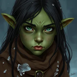 A digital illustration shoot from a portrait camera angle of an orc girl with dull green skin, she is an 8 year old orcish child and has long black hair, Fantasy, ice