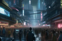 photograph of a downtown area in a cyberpunk city with crowd