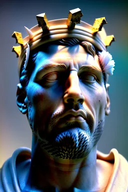 Ultra Realistic image, Roman sculpture, white marble material, Lionel Messi, gold crown of natural thorns, god crown, Miguel Angel style, sun rays background, waist up portrait, epic, celestial, cinematic lighting, God lights, 4k resolution, smooth details, soft lighting, unreal engine 5, art station, substance 3d.