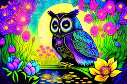 black light art, owl and small chibi duck in a flowergarden with beautiful flowers, pond, in sunshine, H.R. Giger, anime, steampunk, sürreal, watercolor and black in outlines, golden glitter, ethereal, cinematic postprocessing, bokeh, dof