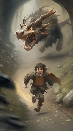 hobbit running away from a dragon