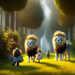 cute fluffy lion, scarecrow, tin-man, little girl on a journey into the woods walking on a yellow brick road, cute adorable pop surrealism, lowbrow art, realistic, street fashion, fluffy , pixar style, hyperrealism, rococo, Pixar, Disney, concept art, 3d digital art, Maya 3D, ZBrush Central 3D shading, bright colored background, radial gradient background, cinematic, Reimagined by industrial light and magic, 4k resolution post processing 8k resolution holographic astral cosmic illustra