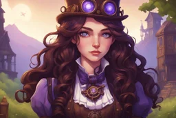 Девушка с длинными, волнистыми темно-каштановыми волосами, фиолетовыми глазами, одетая в одежду в стиле стимпанк, stardew, стиль долина