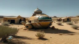 duck shaped space ship in the desert surrounded by lost things