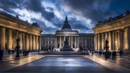 2159. Trafalgar Square in London in a parallel universe, fantasy, magic, futuristic, beautiful lighting, attractive composition, photorealistic, extremely detailed, chiaroscuro