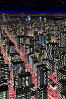 looking down on tokyo at night in the style of hiroku ogai