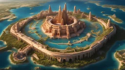 This 16K high-definition image aerial view of Atlantis. Splendid architecture and vegetation, iconic ring-shaped structures distributed across the landscape, prosperity, advanced civilization. The interplay of light and shadow highlights intricate details, mysterious and grandiose portrayal of this civilization. Bright clear rich red and yellow colors and metallic gold, grand in scale highly detailed, amazing, spectacular, magnificent, stunning architecture, inspiring, majestic, ecstatic