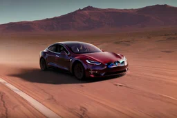 A Tesla 'Model Y' is racing at top speed, in the Mojave Desert. (CINEMATIC, WIDE ANGLE LENS, PHOTO REAL)