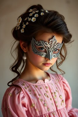 Её простое платье из грубой ткани превратилось в роскошный наряд цвета утренней зари — нежно-розовый, с золотистыми искрами, словно сотканный из облаков и солнечного света. Волосы, вечно растрёпанные, теперь уложены в изящную причёску, украшенную мелкими цветами, которые светятся в полумраке. А на лице — та самая маска, серебристая, с узором из цветов, делающая её загадочной и прекрасной, как настоящая принцесса из сказки.