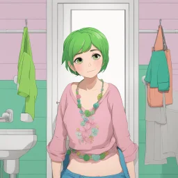 3D,12 years old plus size girl, in the bathroom,necklace,looks exhausted, green short hair, colorful clothes, low cut,childish