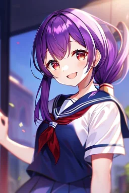 girl, masterpiece, best quality, cinematic lighting, detailed outfit, vibrant colors, perfect eyes, long hair, purple hair, red eyes, low ponytail, school outfit, laughing,