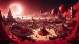 Wide-angle photorealistic fantasy landscape of unearthly delights, red tones