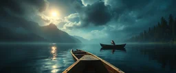 airbrush rendering, wolf in life boat in lake, pinhole cam