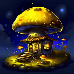 Wonderful spotless mushroom house in space. Floating Island in space. Black, navy blue and lemon colored. fine detail oil painting photo realistic hyper detailed perfect composition trending on artstation.