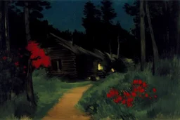 Night, cabin, pine trees, pathway, red flowers, edouard manet impressionism painting