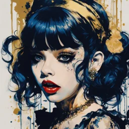 Poster in two gradually, a one side malevolent goth vampire girl face and other side the Singer Melanie Martinez face, painting by Yoji Shinkawa, darkblue and gold tones,