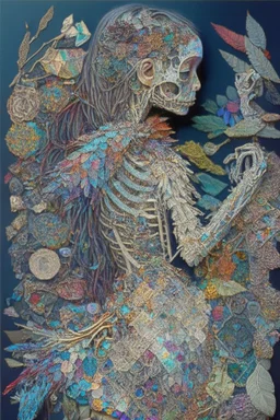 Partially skeletonized Girl cobbling together an "I' out of a patchwork quilt of many colors consisting of mixed media such as feathers, foliage, flowers, gemstones, and shiny trinkets; quilling, award-winning, masterpiece, portfolio piece Fantastical, Intricate, Hyperdetailed, Holographic, Magnificent, Meticulous, Mysterious