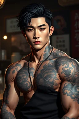 professional photo from attraktive young korean male character with elaborate detailed warrior tattooed . The character’s muscular build, some ring jewelry, dark hair, dark asian eyes, young korean man attractive masculine face with realistic skin, no anime face, shadows, pale light, cyber urban bar, blur background